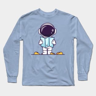 Cute Astronaut Holding Map In Moon Cartoon Long Sleeve T-Shirt